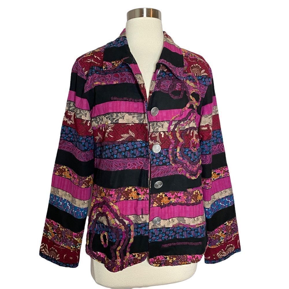 Choices Womens Boho Striped Jacket Size Medium Multicolor Cotton Button front
